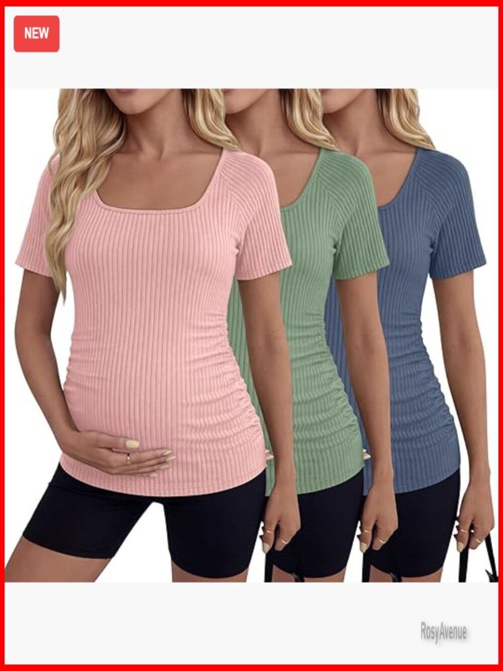 3 Pack Maternity Tops Cotton Ribbed Short Sleeve Side Ruched Scoop Neck
